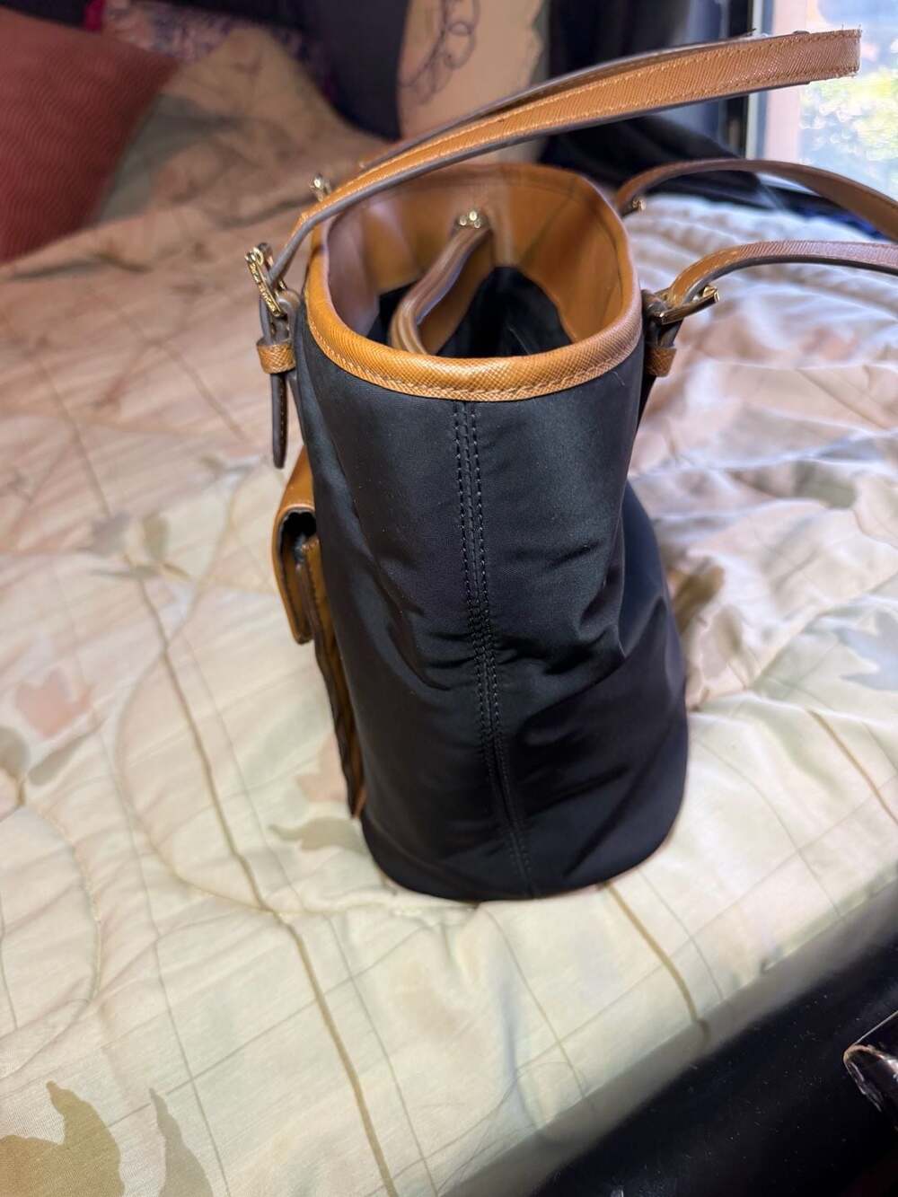 Michael Kors Black Nylon and Brown Saffiano Leather Tote Bag - Picture 7 of 15